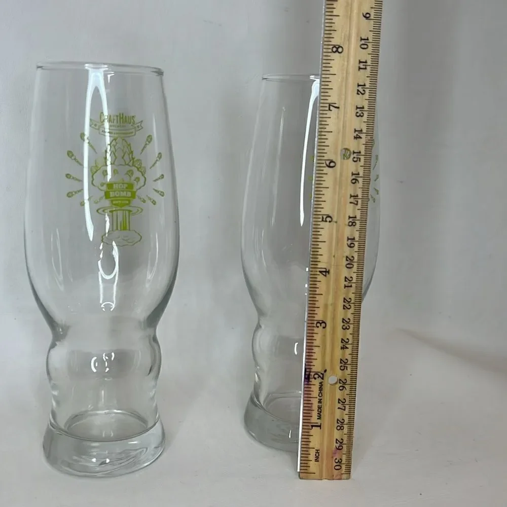 Craft Haus Beer Bomb Glasses 16 Oz Set Of 2 Clear Green Writing 7 1/2 Tall